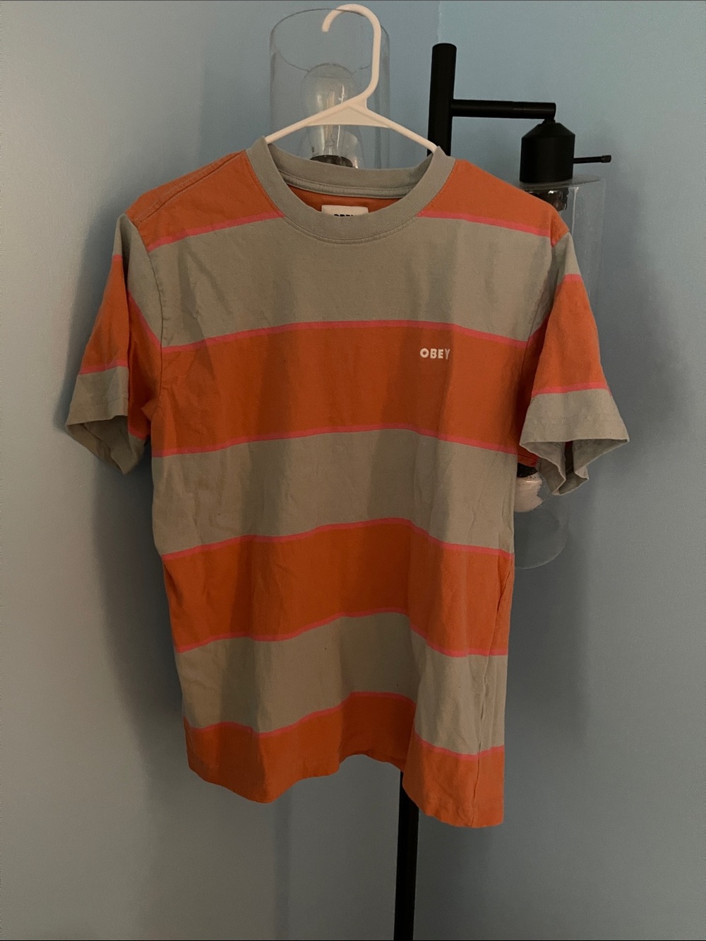 Obey Orange & Gray Wide-Stripe Crew Tee